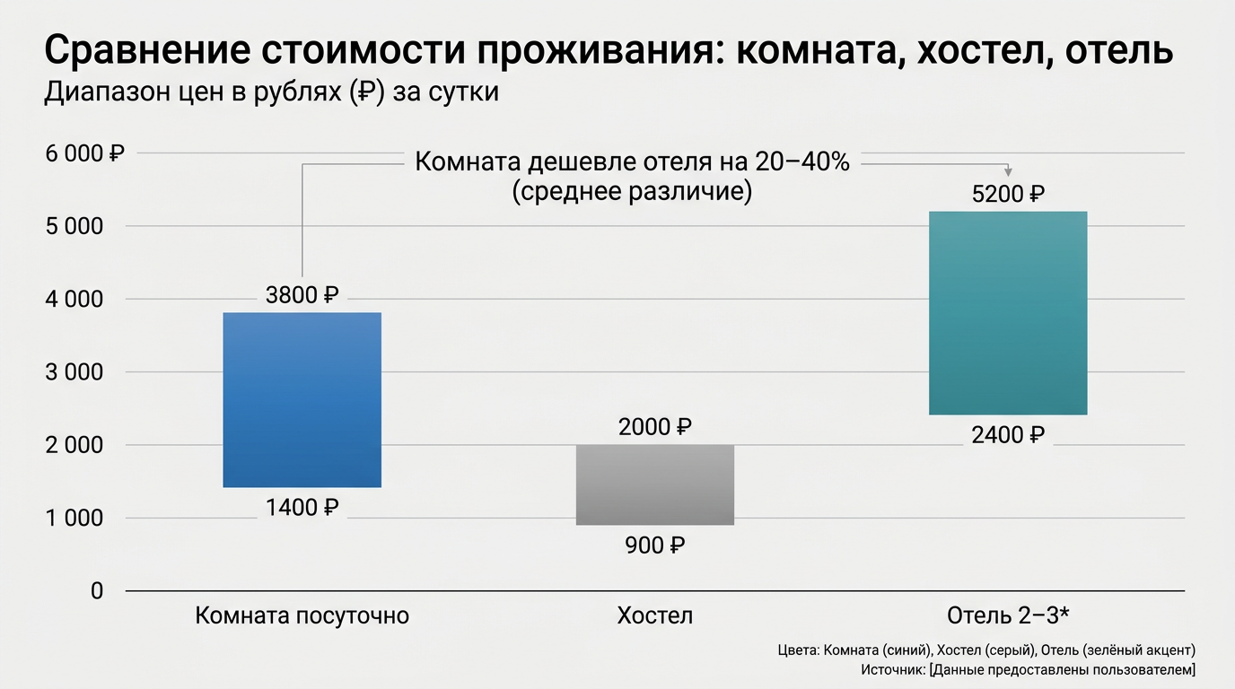 Сравнение стоимости проживания в комнате, хостеле и отеле
